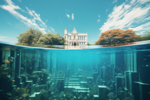 Foto há uma foto de uma casa debaixo d'água no oceano.