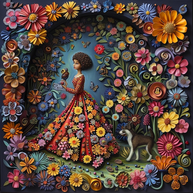 Foto há uma foto de uma mulher em um vestido colorido com flores generativo ai