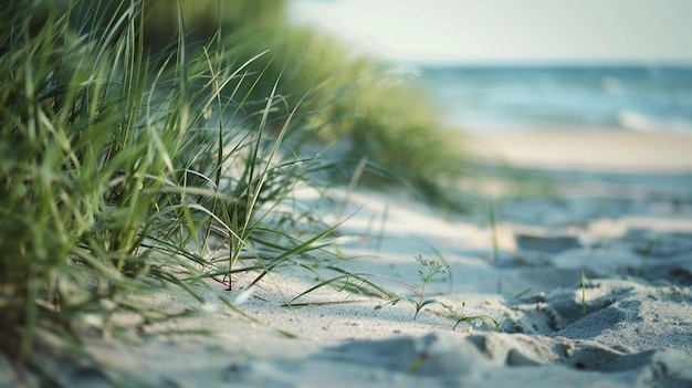 Há uma foto de uma praia com grama e areia generativa ai