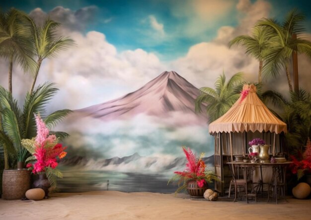 Há uma foto de uma sala com tema tropical com uma cabana generativa