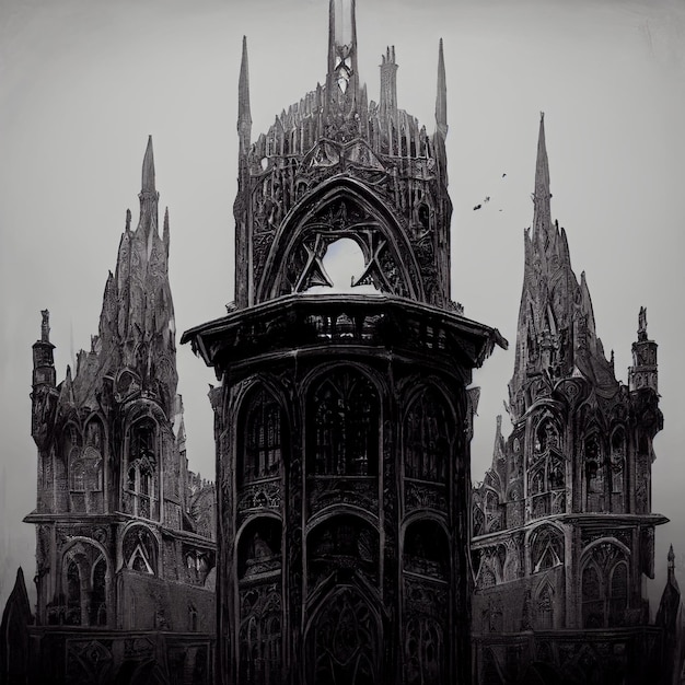 Há uma foto em preto e branco de um edifício gótico generativo ai