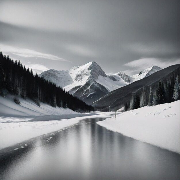 há uma foto em preto e branco de um lago de montanha