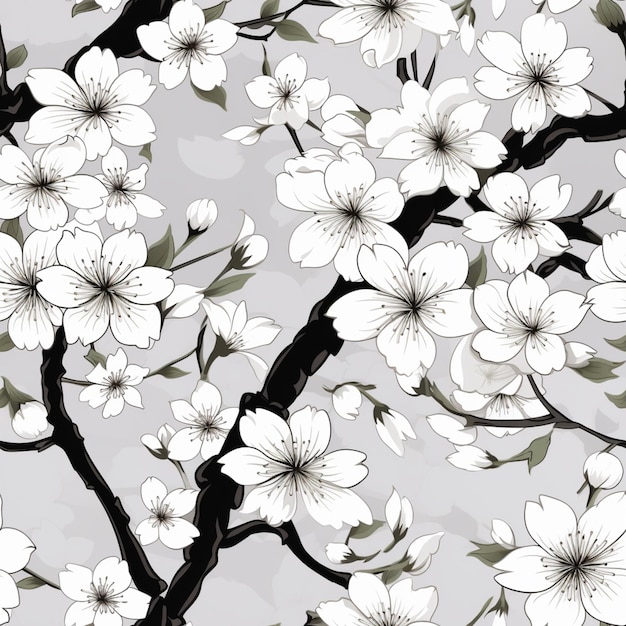 há uma foto em preto e branco de uma árvore com flores brancas generativa ai