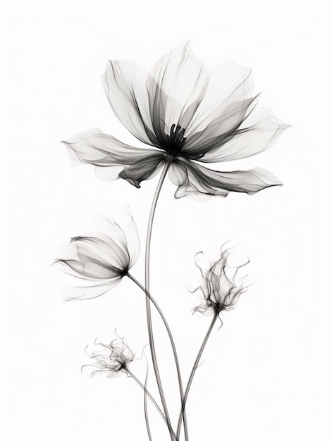 há uma foto em preto e branco de uma flor com um caule generativo ai