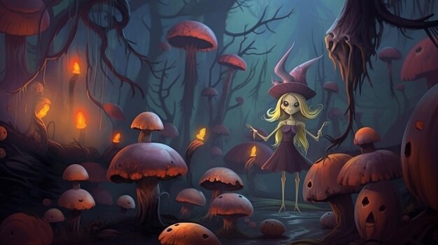 Há uma garota de desenho animado com um chapéu e vestido de pé em uma floresta generativa ai