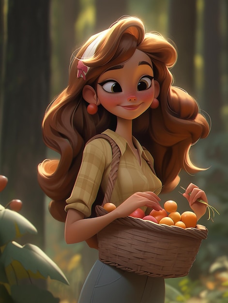 há uma garota de desenho animado segurando uma cesta de frutas na floresta gerativa ai