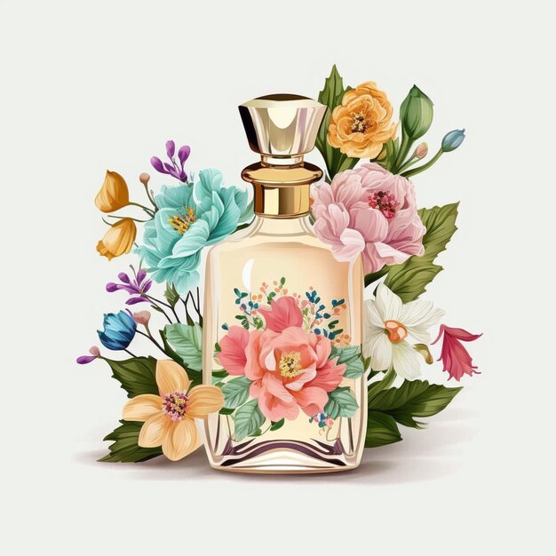 Há uma garrafa de perfume com flores nela.