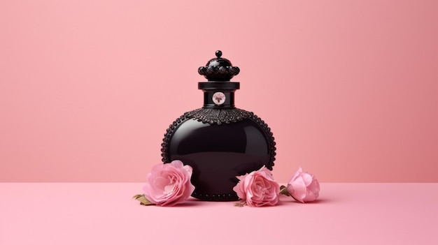 Há uma garrafa preta com rosas cor de rosa em uma superfície rosa generativa ai