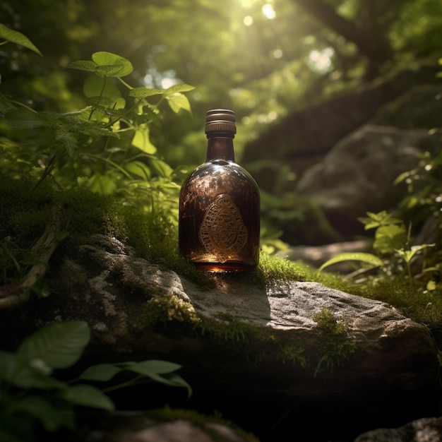 Há uma garrafa sentada em uma pedra na floresta generativa ai