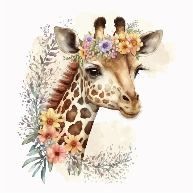 Há uma girafa com uma coroa de flores na cabeça generativa ai