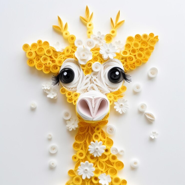 Foto há uma girafa feita de papel com um sorriso muito grande generativo ai