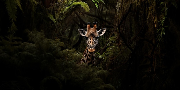Foto há uma girafa parada no meio de uma floresta generativa ai