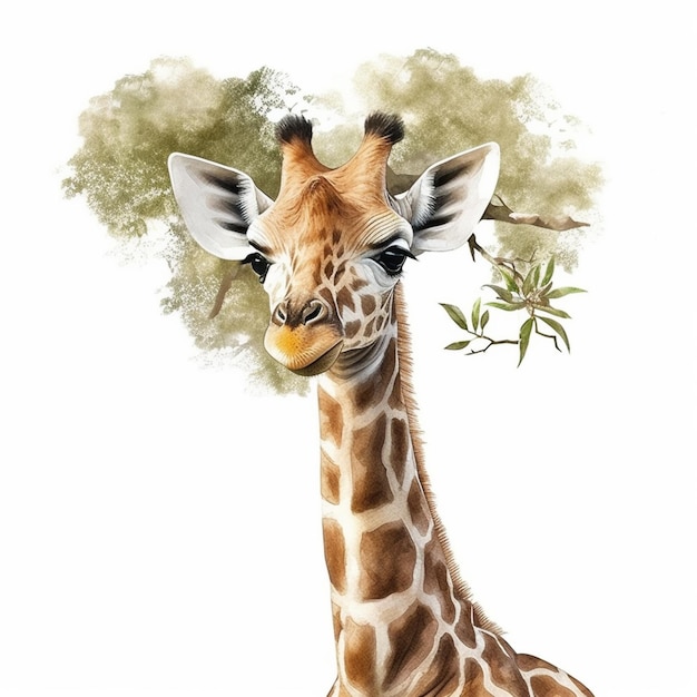 Há uma girafa que está comendo folhas de uma árvore generativa ai