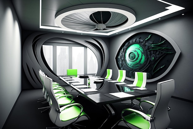 Há uma grande mesa de conferência com cadeiras verdes em uma sala generativa ai