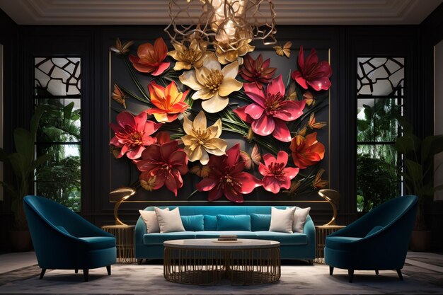 Há uma grande parede com flores em uma sala de estar AI Generative