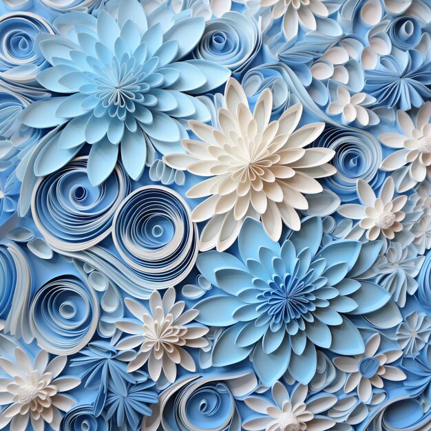 Há uma grande parede de flores de papel feitas de papel azul e branco.
