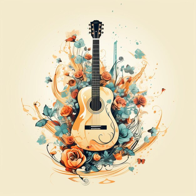 Foto há uma guitarra com flores e borboletas nela.