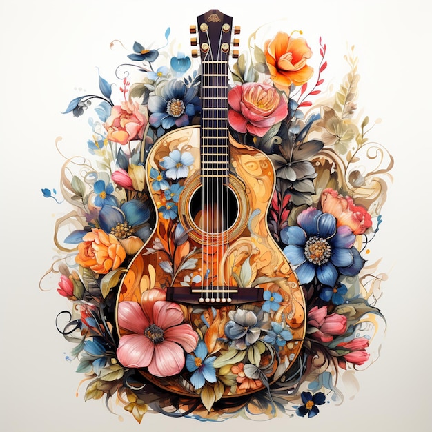 Há uma guitarra com flores e folhas nela generativa ai