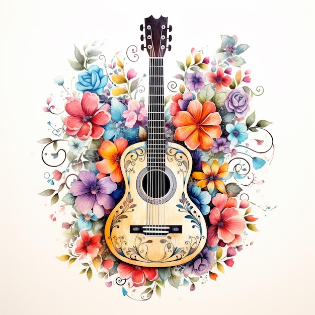 Foto há uma guitarra com flores e vinhas generativa ai