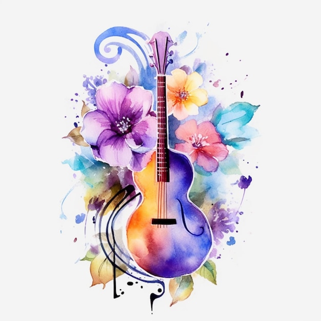 Foto há uma guitarra com um desenho floral nela.