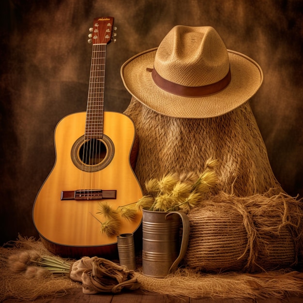 Foto há uma guitarra e um chapéu sentados ao lado de uma xícara generativa ai