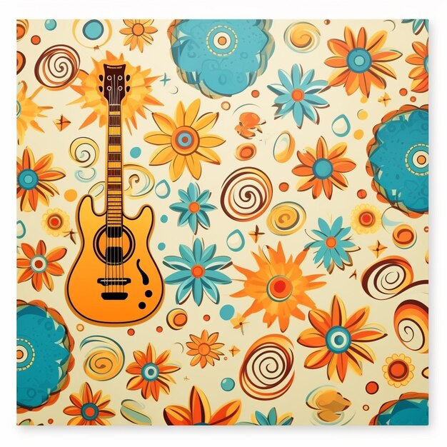 Foto há uma guitarra sentada em um fundo floral colorido generativo ai