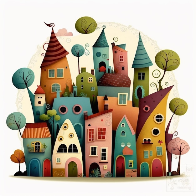 Há uma ilustração de desenho animado de uma cidade com muitas casas generativas ai