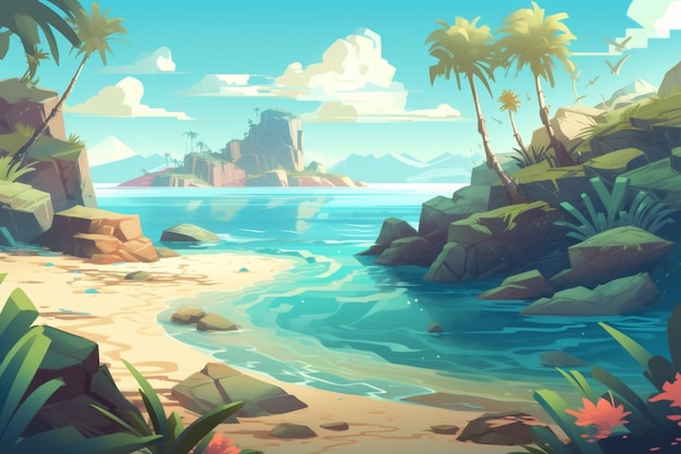 Há uma ilustração de estilo cartoon de uma cena de praia tropical generativa ai