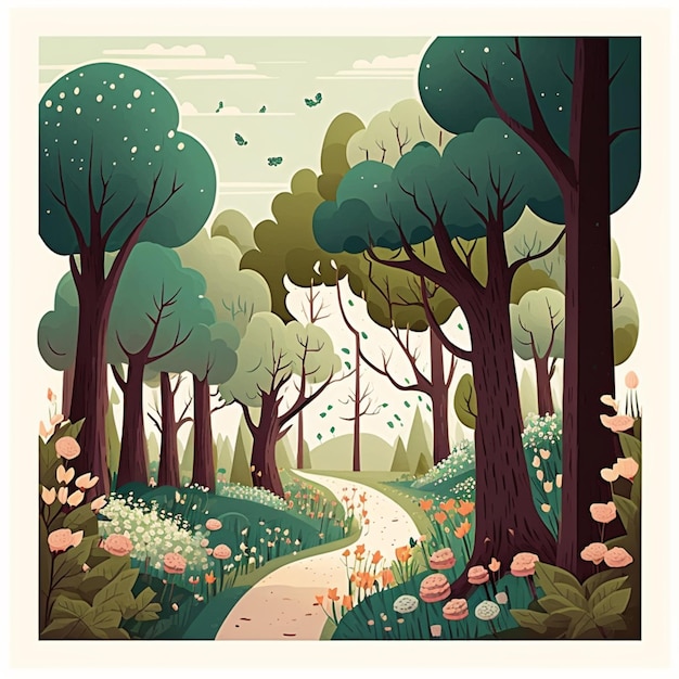 há uma ilustração em desenho animado de um caminho através de uma floresta ai generativa