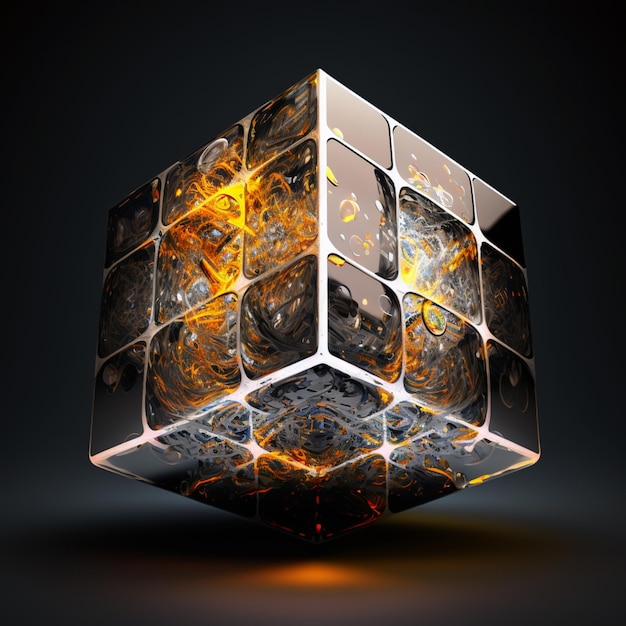 Há uma imagem 3D de um cubo com um fogo dentro de um AI generativo