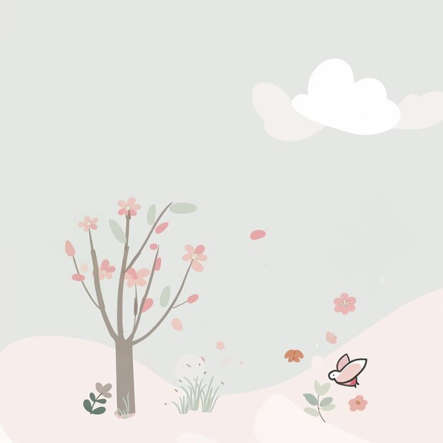 há uma imagem de desenho animado de uma árvore e uma borboleta no céu generativo ai