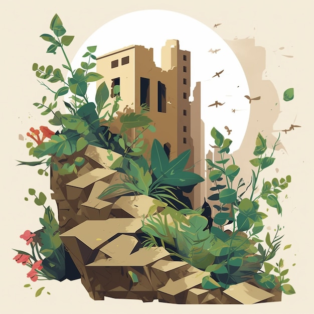 Foto há uma imagem de um castelo em uma rocha com plantas generativas ai