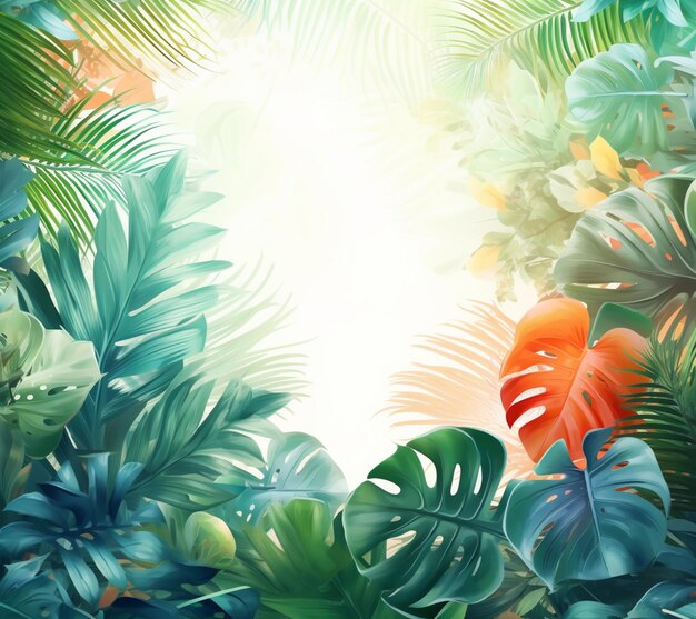Foto há uma imagem de um fundo tropical com folhas generativas ai