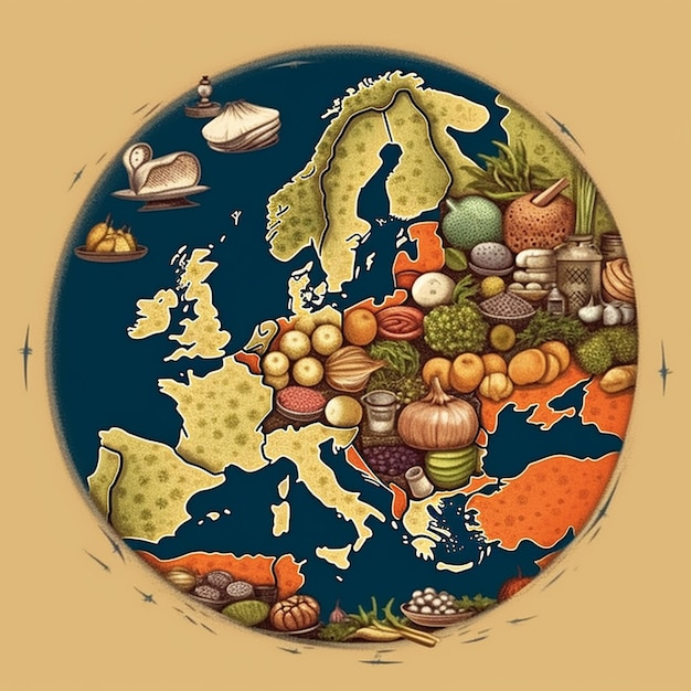 Há uma imagem de um mapa da Europa com diferentes alimentos generativos ai