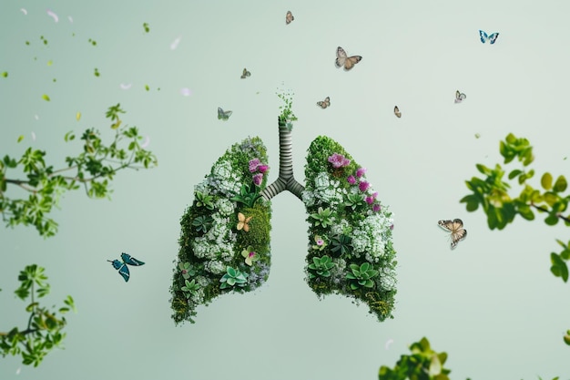 Há uma imagem de um pulmão feito de plantas e borboletas generativa ai