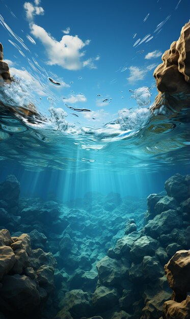 Há uma imagem de uma bela cena subaquática com rochas generativas ai