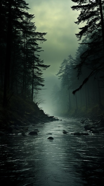 Há uma imagem escura de um rio na floresta generativo ai