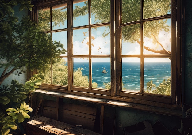 Há uma janela com vista para o oceano e árvores generativas ai