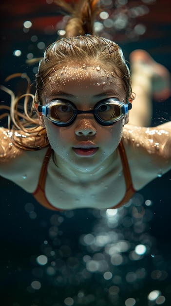 Há uma jovem a nadar numa piscina a usar óculos de proteção.