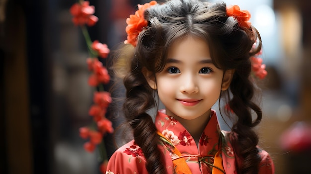 Foto há uma jovem usando um vestido vermelho e uma flor no cabelo generative ai