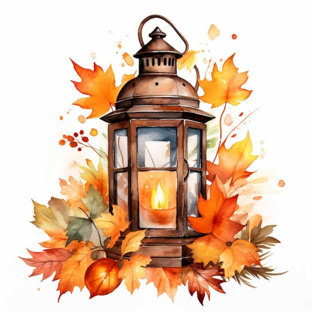 há uma lanterna com uma vela e folhas de outono generativas ai