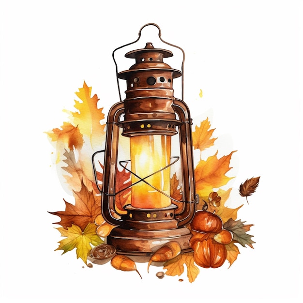Há uma lanterna com uma vela e folhas de outono generativas ai