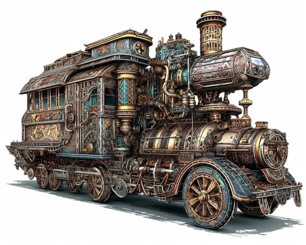 Há uma locomotiva a vapor muito grande com muitas decorações nela generativa ai