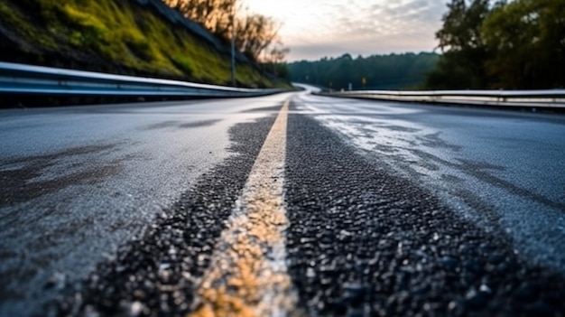 Há uma longa estrada com uma linha amarela no lado generativo ai