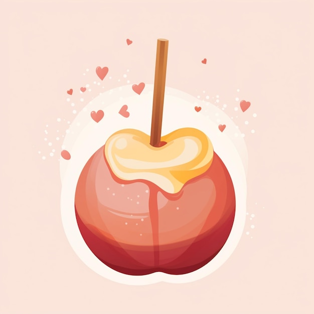 Há uma maçã com um adesivo e corações ao redor dela.