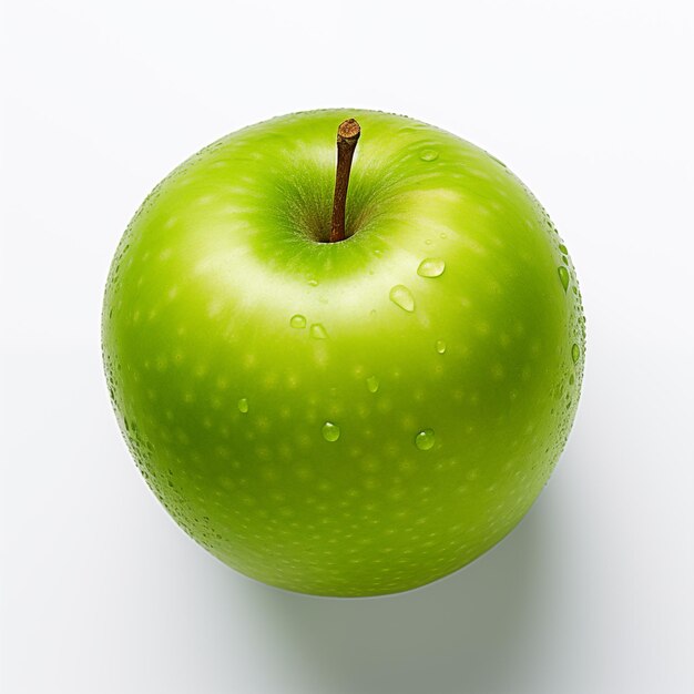 Há uma maçã verde com gotas de água nela.