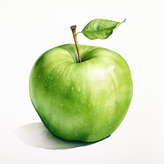 Há uma maçã verde com uma folha nela.