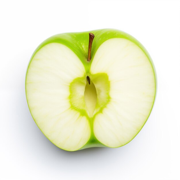 Há uma maçã verde com uma mordida tirada dela.