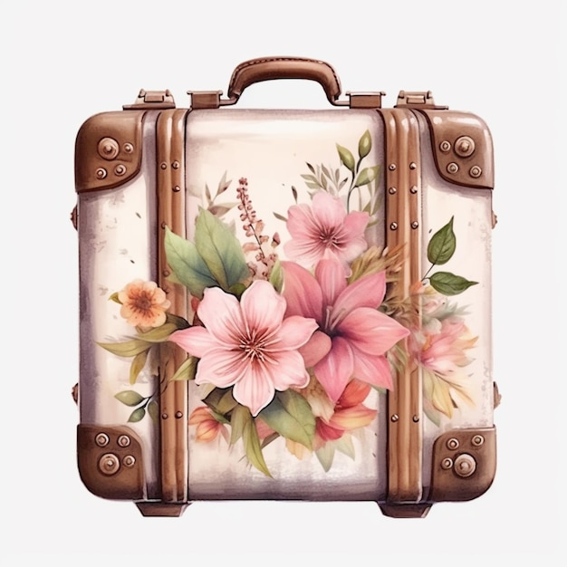 Há uma mala com flores pintadas e uma maçaneta generativa.