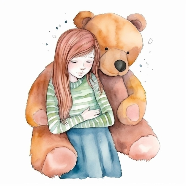 Há uma menina abraçando um ursinho de pelúcia com uma camisa verde e branca generativa ai